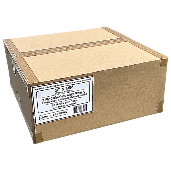 3" x 95' 2-Ply Carbonless Paper (50 rolls/case) - White / Canary - POSPaper.com