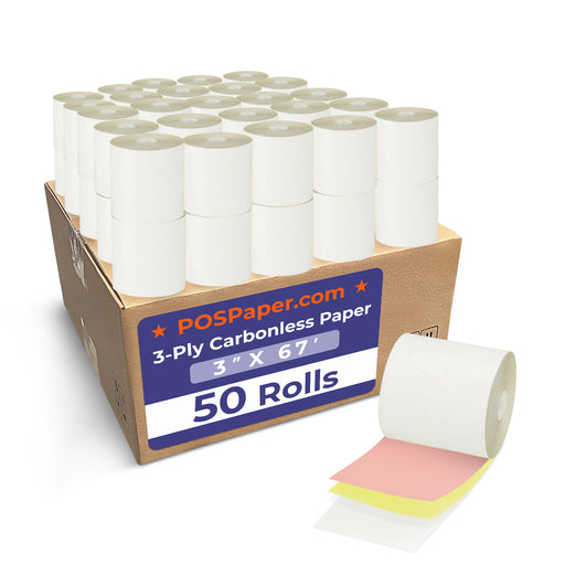 3" x 67' 3-Ply Carbonless Paper (50 rolls/case) - White / Canary / Pink - POSPaper.com