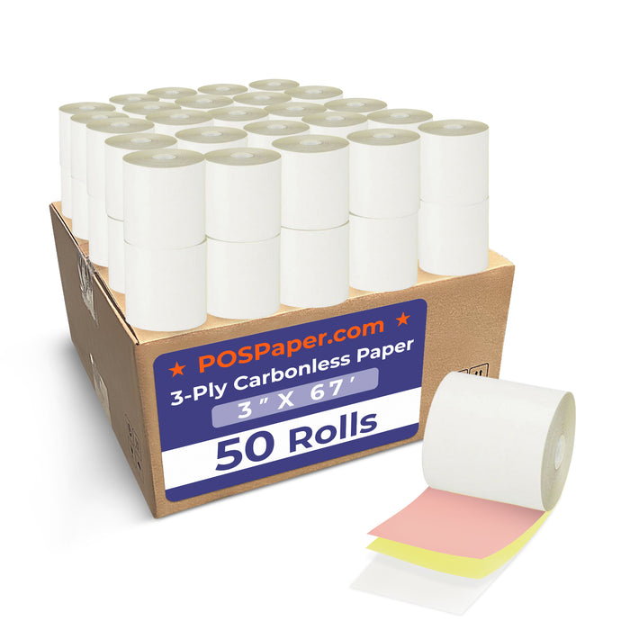 3" x 67' 3-Ply Carbonless Paper (50 rolls/case) - White / Canary / Pink - POSPaper.com