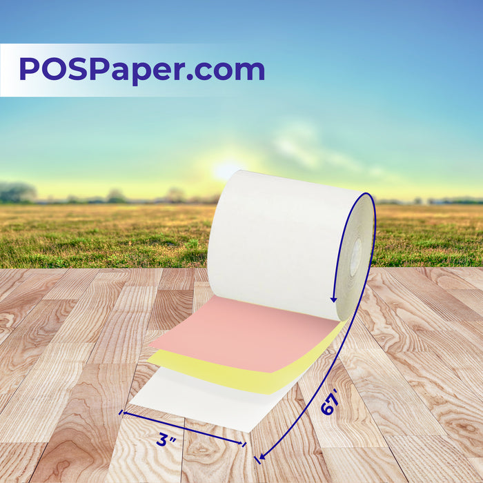 3" x 67' 3-Ply Carbonless Paper (50 rolls/case) - White / Canary / Pink - POSPaper.com
