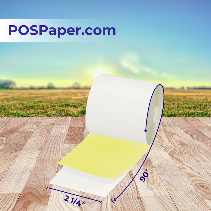 2 1/4" x 90' 2-Ply Carbonless Paper (50 rolls/case) - White / Canary - POSPaper.com
