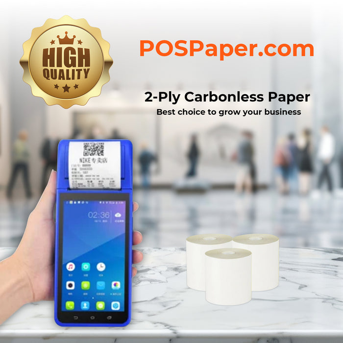 2 1/4" x 90' 2-Ply Carbonless Paper (50 rolls/case) - White / Canary - POSPaper.com