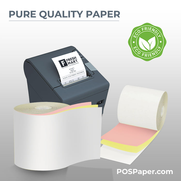 3" x 67' 3-Ply Carbonless Paper (50 rolls/case) - White / Canary / Pink - POSPaper.com