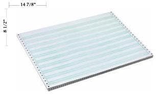 14 7/8" x 8 1/2" - 15# 2-Part Premium Carbonless Computer Paper (1,500 sheets/carton) No Vert. Perf - 1/2" Green Bar - POSpaper.com