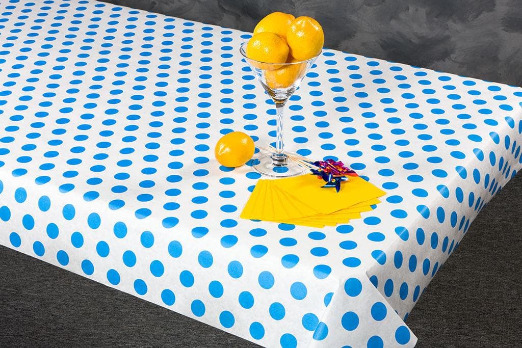 40" x 100' Paper Table Cover (1 roll) - Blue Polka Dot Design - POSpaper.com