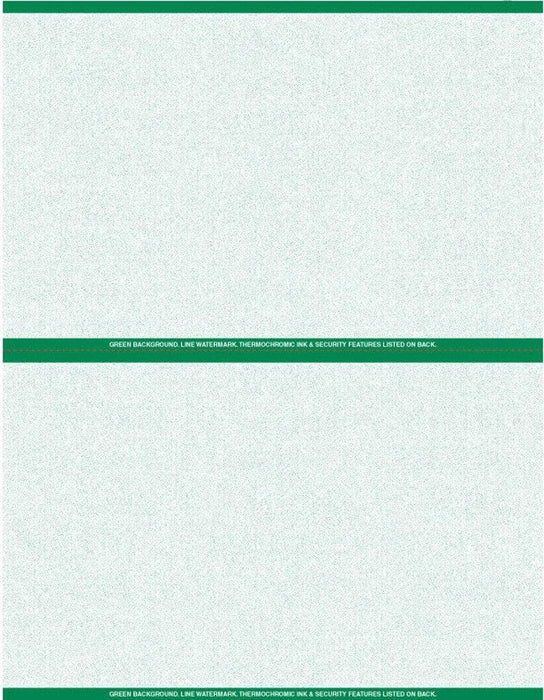 8 1/2" x 11" - 2 up Custom Printed Laser Rx Paper (500 sheets/pack) Horizontal Perf - Green - POSpaper.com