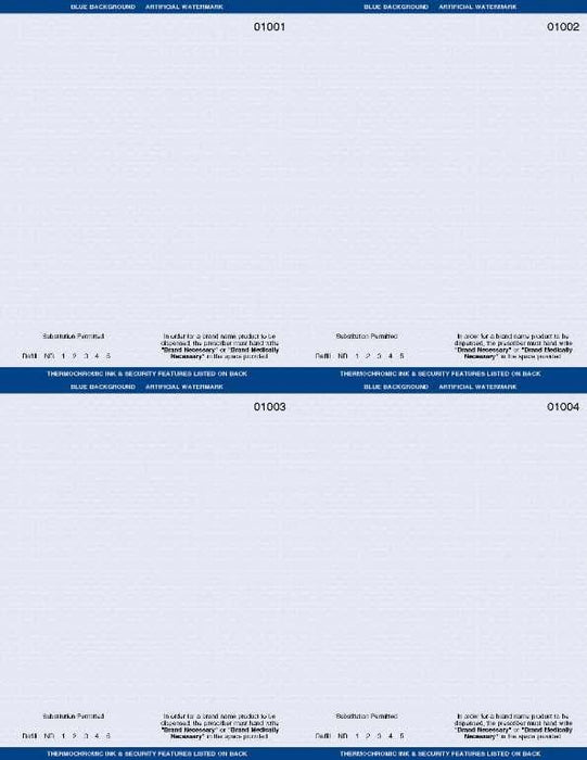8 1/2" x 11" - 4 up Custom Printed Laser Rx Paper with DE specs (500 sheets/pack) Horizontal & Vertical Perf - Blue - POSpaper.com