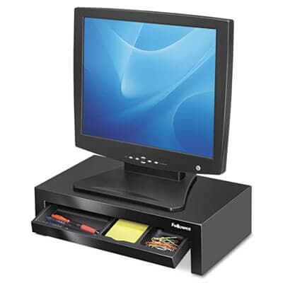 Fellows Adjustable Monitor Riser with Storage Tray, 16 x 9 1/2 x 4 1/2-6, Black - POSpaper.com
