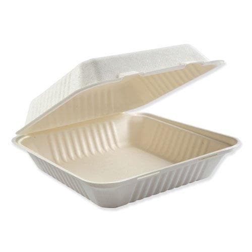 Bagasse Molded Fiber Food Containers, Hinged-Lid, 1-Compartment 9 x 9, White, 100/Sleeve, 2 Sleeves/Carton - POSpaper.com