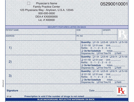 California compliant (multiple drug format) 5 1/2" x 4 1/4" Horizontal 1-part Rx Pads (100 sheets/pad: 8 pads minimum) - Blue - POSpaper.com