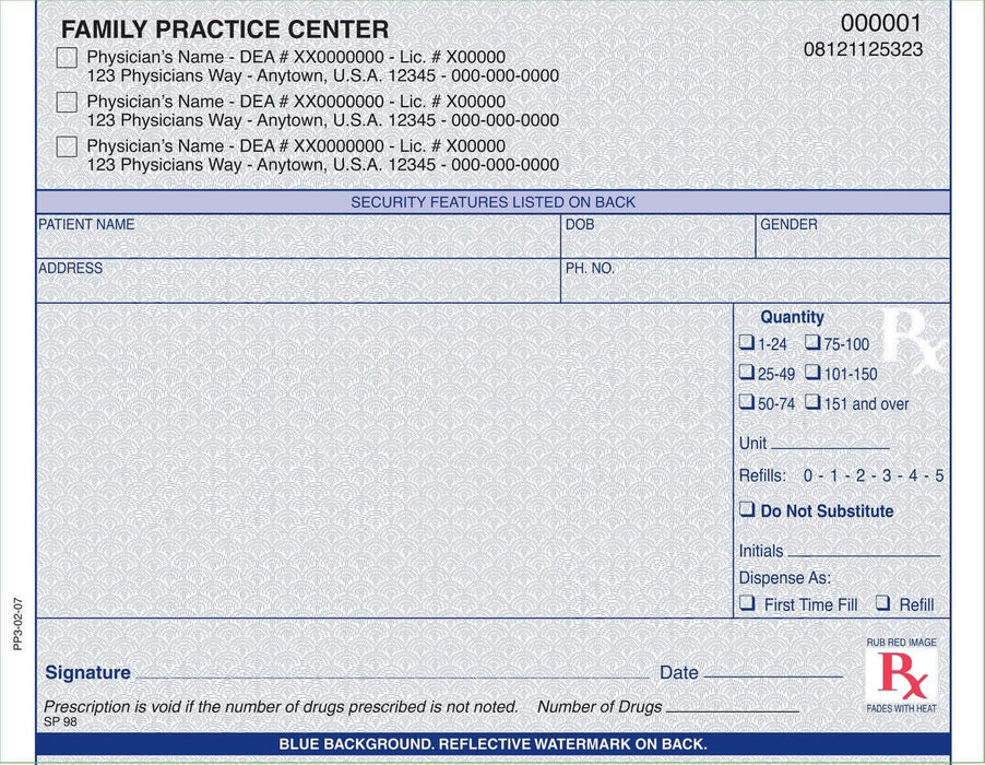 California compliant (single drug format) 5 1/2" x 4 1/4" Horizontal 1-part Rx Pads (100 sheets/pad: 8 pads minimum) - Blue - POSpaper.com