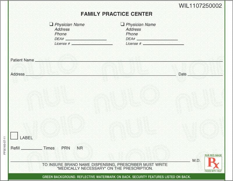 Florida compliant 5 1/2" x 4 1/4" Horizontal 1-part Rx Pads (100 sheets/pad: 8 pads minimum) - Green - POSpaper.com