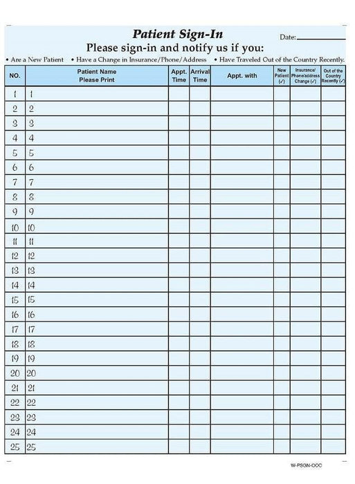 HIPAA Compliant Sign-In Sheet with Out-of-Country Checkbox and Removeable Labels (125 sheets/case) - Light Blue - POSpaper.com