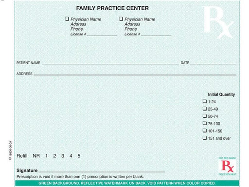 Kentucky compliant 5 1/2" x 4 1/4" Horizontal 1-part Rx Pads (100 sheets/pad: 8 pads minimum) - Green - POSpaper.com