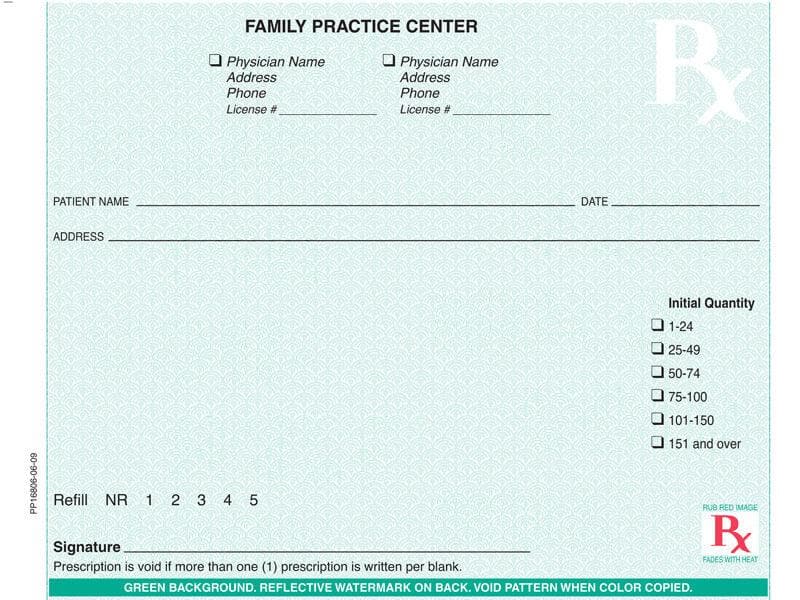 Kentucky compliant 5 1/2" x 4 1/4" Horizontal 1-part Rx Pads (100 sheets/pad: 8 pads minimum) - Green - POSpaper.com