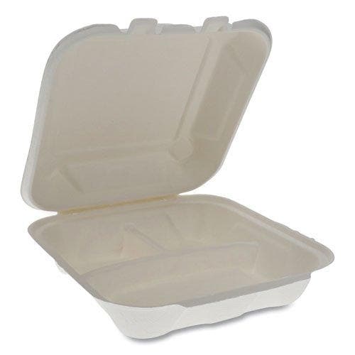 EarthChoice Bagasse Hinged Lid Container, 7.8 x 7.8 x 2.8, 3-Compartment, Natural, 150/Carton - POSpaper.com