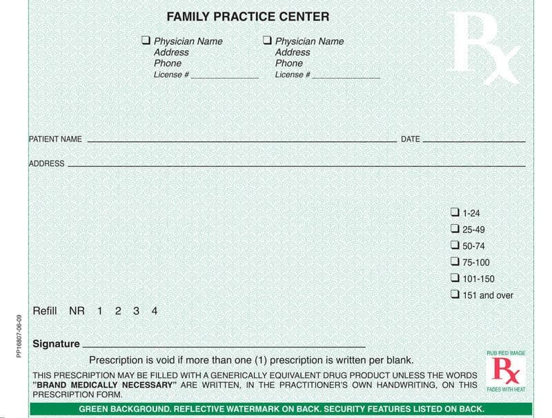 West Virginia compliant 5 1/2" x 4 1/4" Horizontal 1-part Rx Pads (100 sheets/pad: 8 pads minimum) - Green - POSpaper.com