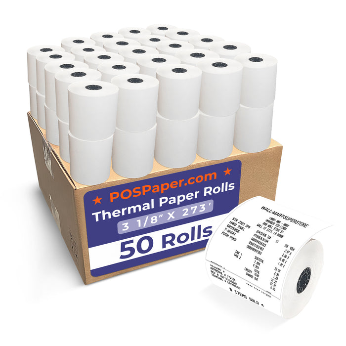 3 1/8" x 273' Custom Printed Thermal Paper; 50 rolls/case (5 case minimum) - 4 Color - POSPaper.com