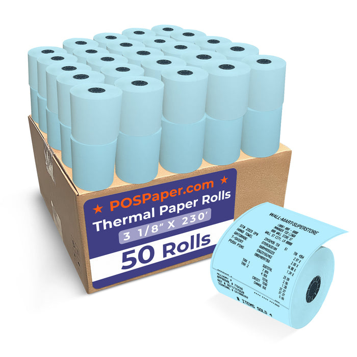 3 1/8" x 230' Blue Thermal Paper (50 rolls/case) - BPA Free - POSPaper.com