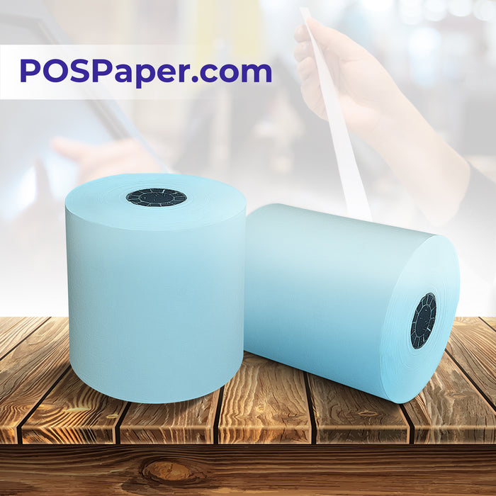 3 1/8" x 230' Blue Thermal Paper (50 rolls/case) - BPA Free - POSPaper.com