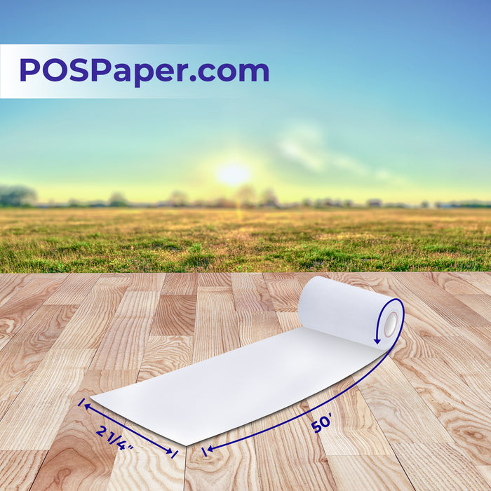 2 1/4" x 50' Custom Printed Thermal Paper; 50 rolls/case (10 case minimum) - 1 Color - POSPaper.com