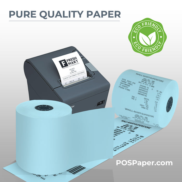 3 1/8" x 230' Blue Thermal Paper (50 rolls/case) - BPA Free - POSPaper.com
