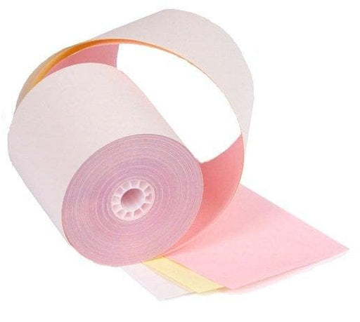 3" x 67' 3-Ply Carbonless Paper (50 rolls/case) - White / Canary / Pink - POSpaper.com