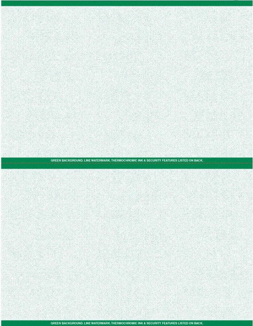 8 1/2" x 11" - 2 up Custom Printed Laser Rx Paper (500 sheets/pack) Horizontal Perf - Green - POSpaper.com