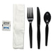 Six-Piece Cutlery Kit, Condiment/Fork/Knife/Napkin/Spoon, Heavyweight, Black, 250/Carton - POSpaper.com