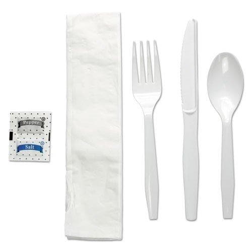 Six-Piece Cutlery Kit, Condiment/Fork/Knife/Napkin/Teaspoon, Mediumweight, White, 250/Carton - POSpaper.com