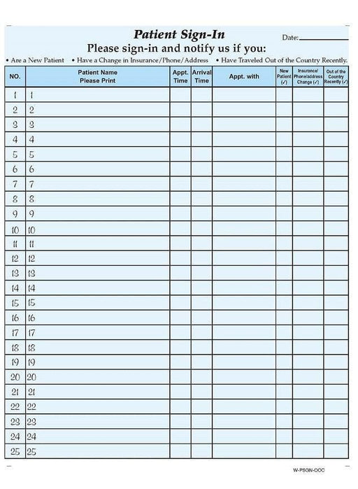 HIPAA Compliant Sign-In Sheet with Out-of-Country Checkbox and Removeable Labels (125 sheets/case) - Light Blue - POSpaper.com