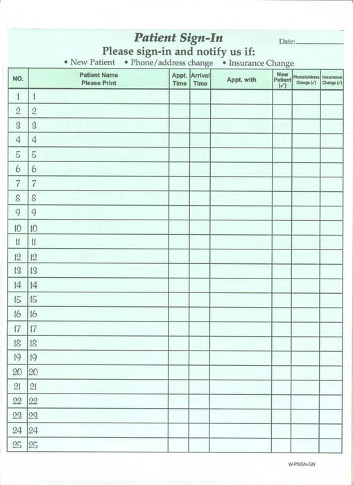 HIPAA Compliant Sign-In Sheet with Removable Labels (125 sheets/case) - Light Green - POSpaper.com