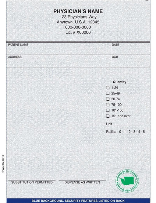 Washington compliant 4 1/4" x 5 1/2" Vertical 1-part Rx Pads (100 sheets/pad: 8 pads minimum) - Blue - POSpaper.com