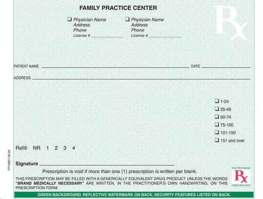 West Virginia compliant 5 1/2" x 4 1/4" Horizontal 1-part Rx Pads (100 sheets/pad: 8 pads minimum) - Green - POSpaper.com