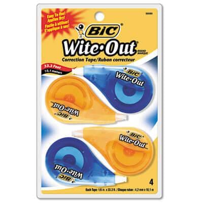 Bic Wite-Out EZ Correct Correction Tape, Non-Refillable, 1/6" x 400", 4/Pack - POSpaper.com
